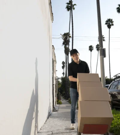 Mudanza Residencial Segura y Confiable Hombre transportando cajas en una carretilla durante una mudanza residencial
